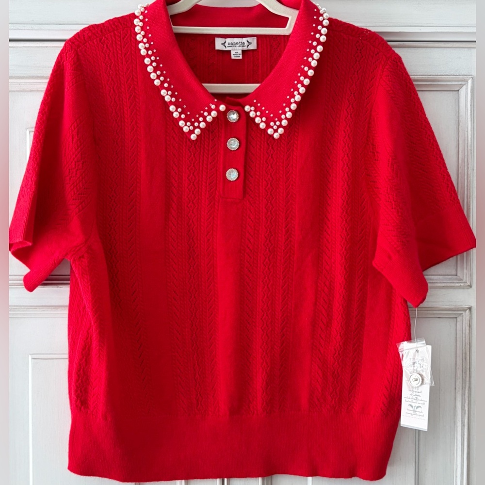 Nanette Lepore Red Sweater with Pearl Collar